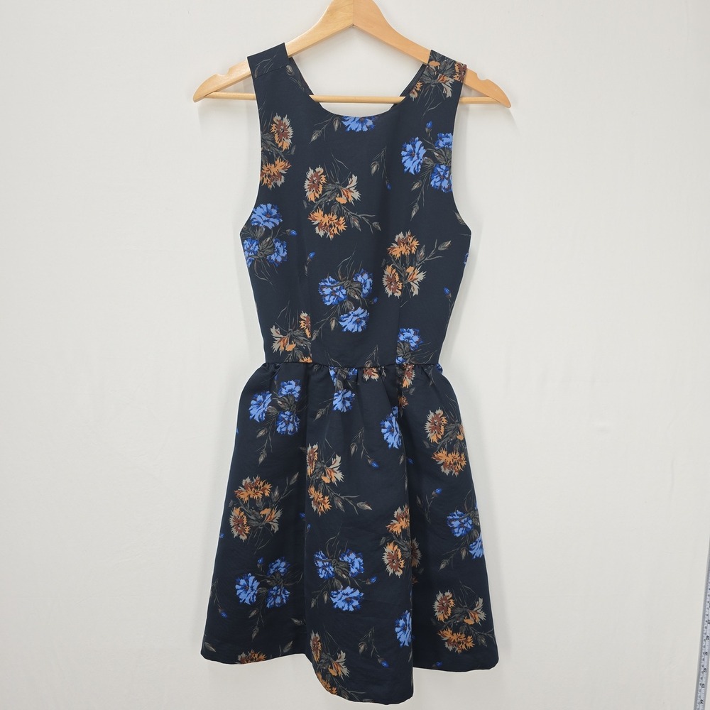 Zara‎ Basic Womens XS Blue Orange Floral Fit & Flare Dress Open Back Sleeveless